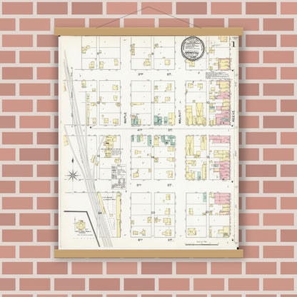 Old map wall art mockup — magnetic wood frame on brick wall — Sanborn Fire Insurance Map from Hampton, Franklin County, Iowa (1892) â€” Complete Set