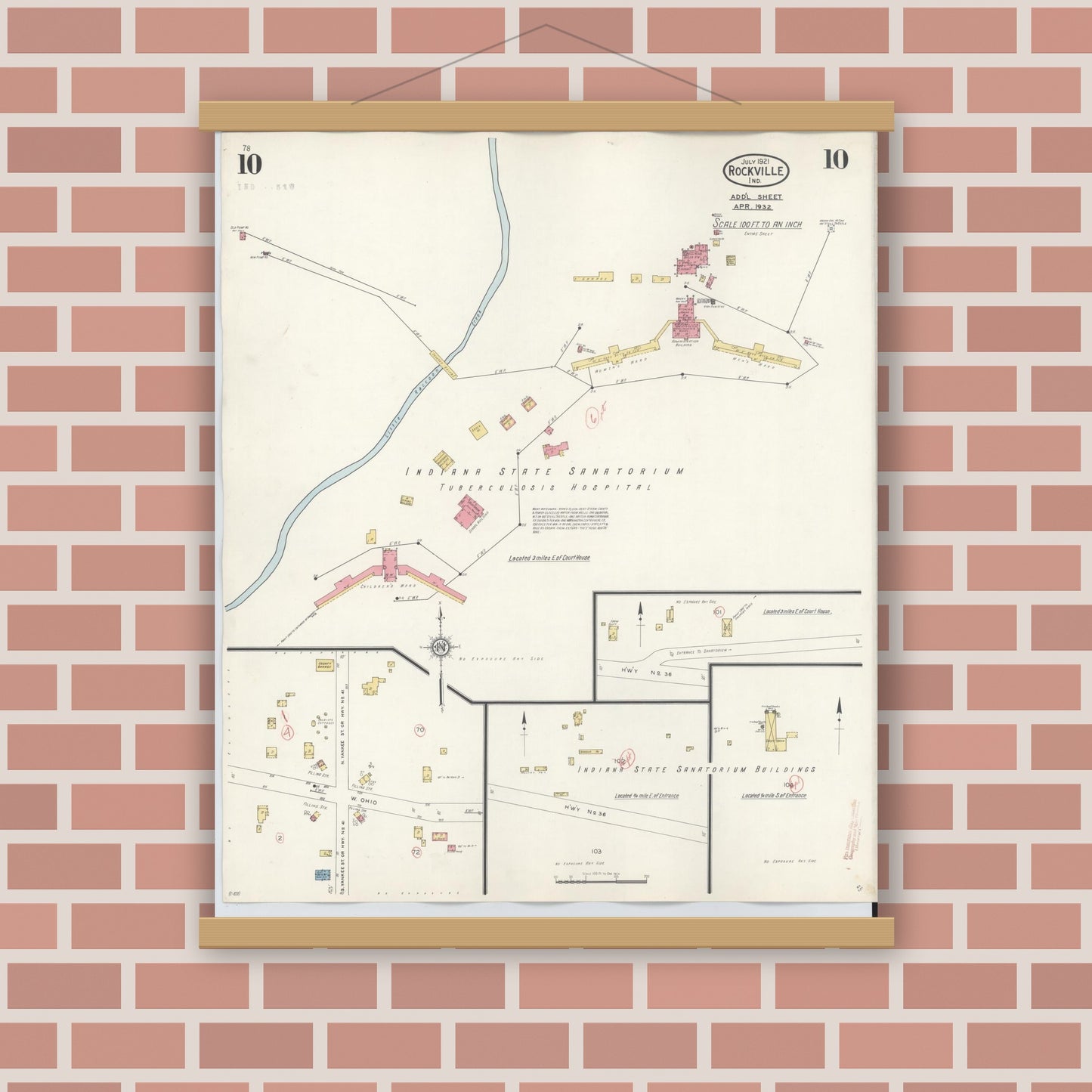 Old map wall art mockup — magnetic wood frame on brick wall — Sanborn Fire Insurance Map from Rockville, Parke County, Indiana (1932), Sheet #0010