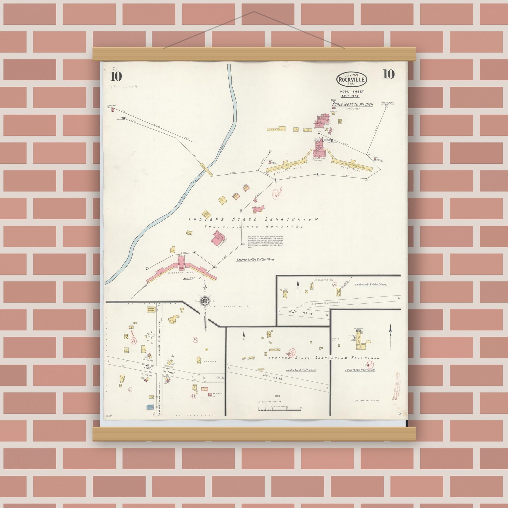 Old map wall art mockup — magnetic wood frame on brick wall — Sanborn Fire Insurance Map from Rockville, Parke County, Indiana (1932), Sheet #0010
