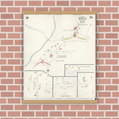 Old map wall art mockup — magnetic wood frame on brick wall — Sanborn Fire Insurance Map from Rockville, Parke County, Indiana (1932), Sheet #0010