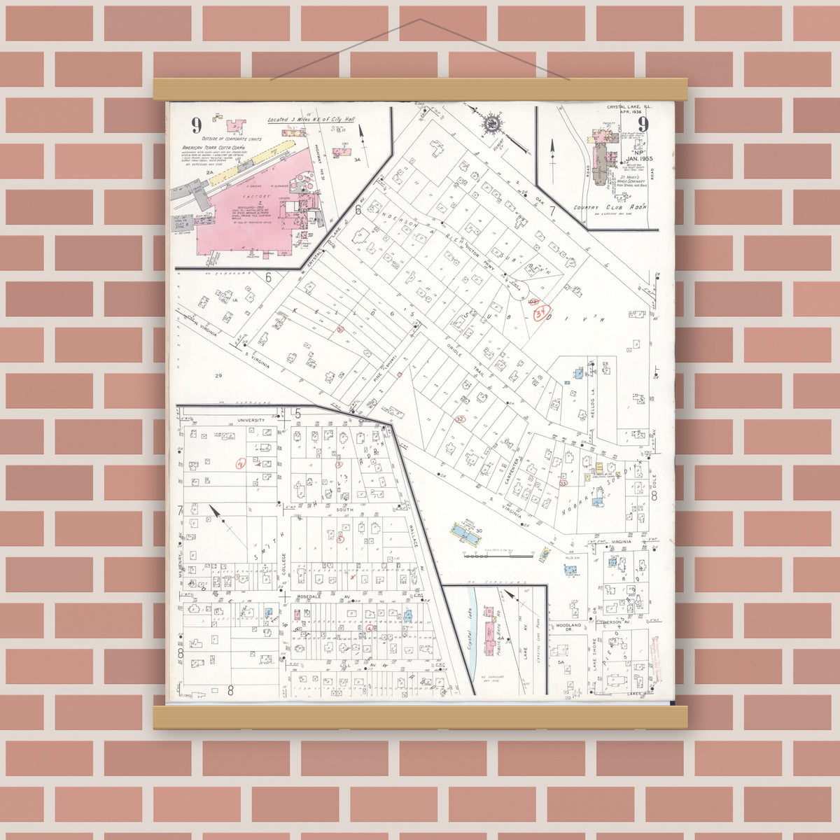 Old map wall art mockup — magnetic wood frame on brick wall — Sanborn Fire Insurance Map from Crystal Lake, McHenry County, Illinois (1955), Sheet #0009