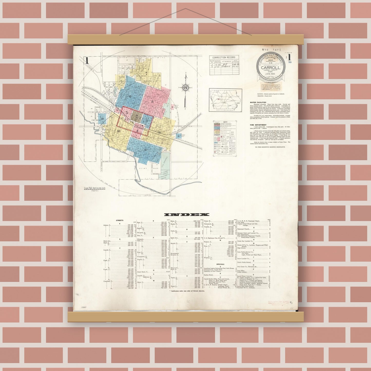 Old map wall art mockup — magnetic wood frame on brick wall — Sanborn Fire Insurance Map from Carroll, Carroll County, Iowa (1948) â€” Complete Set