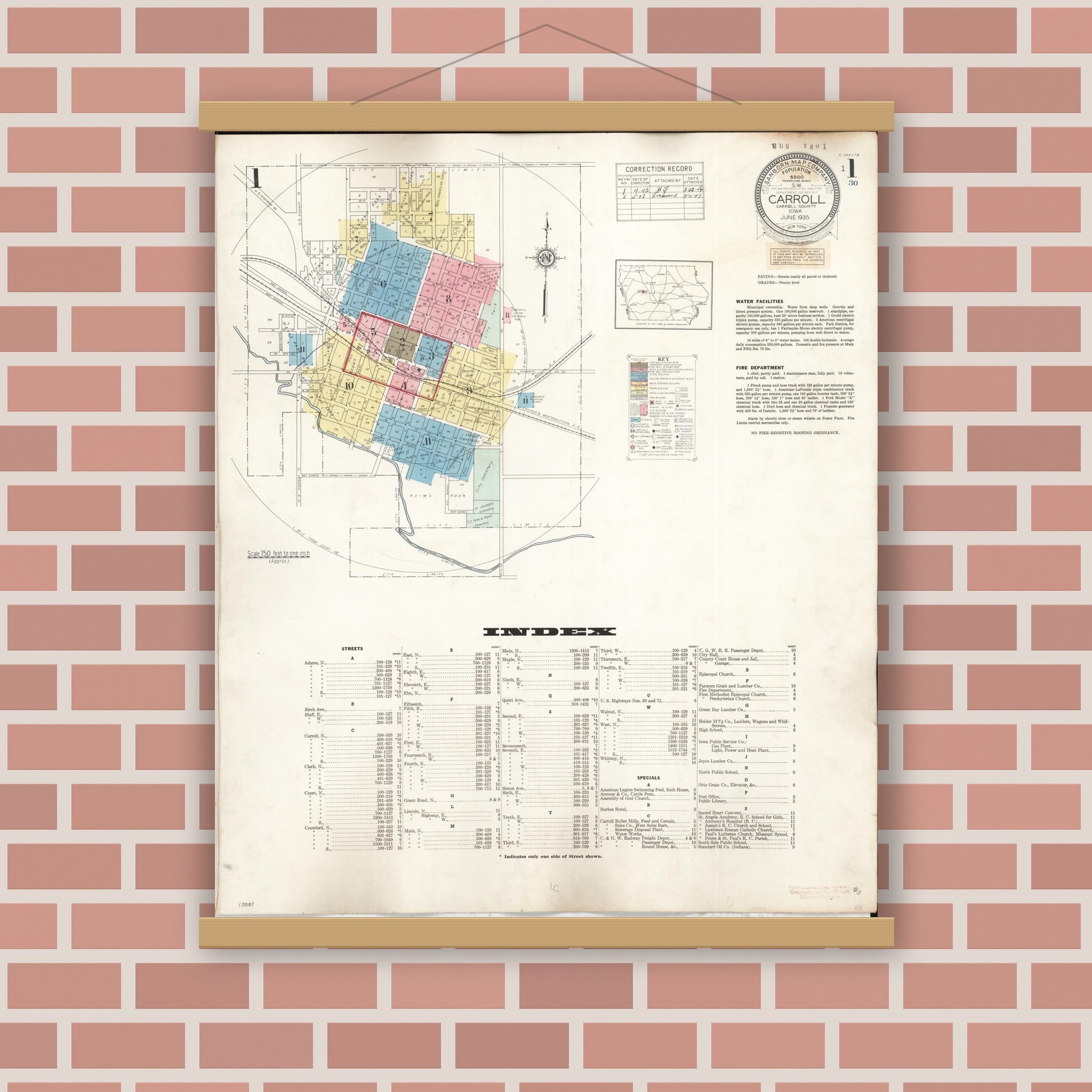 Old map wall art mockup — magnetic wood frame on brick wall — Sanborn Fire Insurance Map from Carroll, Carroll County, Iowa (1948) â€” Complete Set