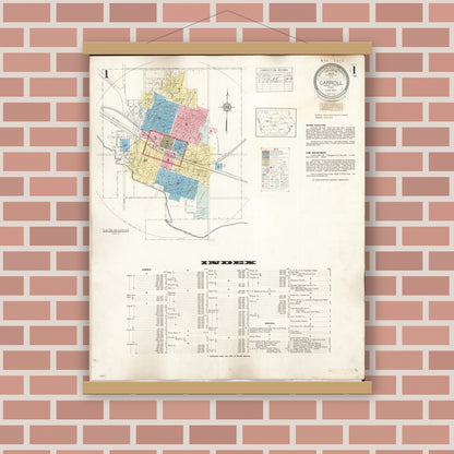 Old map wall art mockup — magnetic wood frame on brick wall — Sanborn Fire Insurance Map from Carroll, Carroll County, Iowa (1948) â€” Complete Set