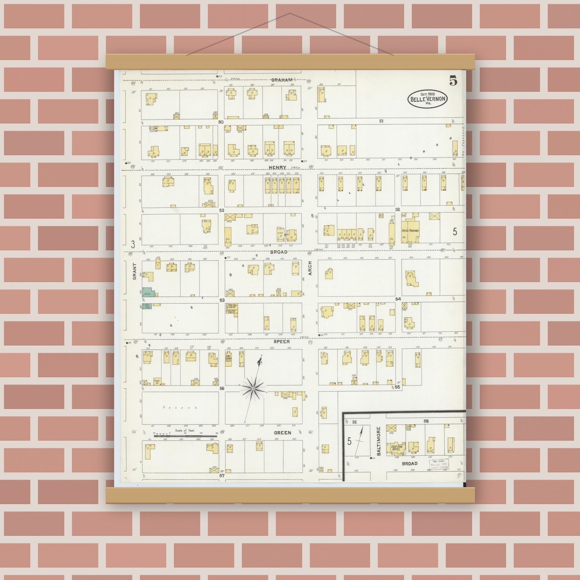 Old map wall art mockup — magnetic wood frame on brick wall — Sanborn Fire Insurance Map from Belle Vernon, Fayette County, Pennsylvania (1905), Sheet #0005