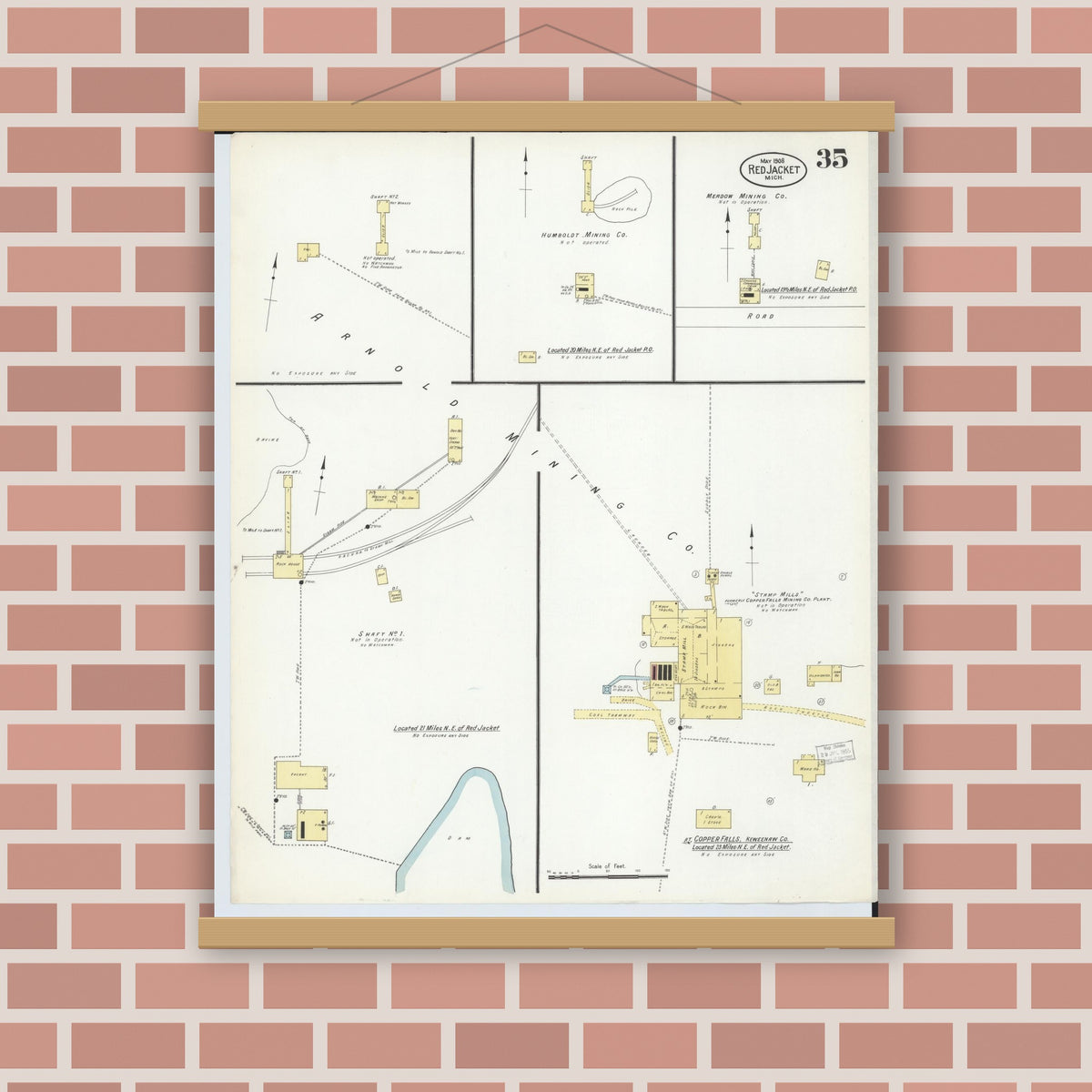 Old map wall art mockup — magnetic wood frame on brick wall — Sanborn Fire Insurance Map from Red Jacket, Houghton County, Michigan (1908), Sheet #0035