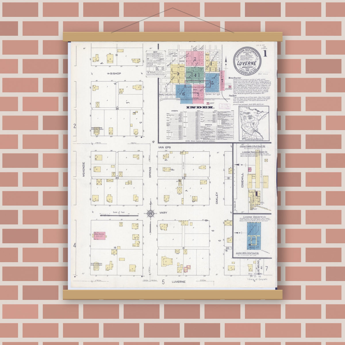 Old map wall art mockup — magnetic wood frame on brick wall — Sanborn Fire Insurance Map from Luverne, Rock County, Minnesota (1913), Sheet #0001