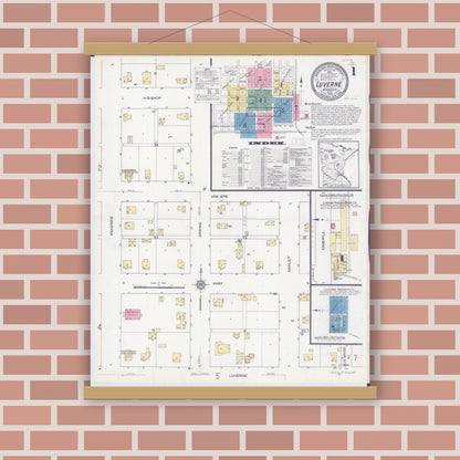 Old map wall art mockup — magnetic wood frame on brick wall — Sanborn Fire Insurance Map from Luverne, Rock County, Minnesota (1913), Sheet #0001