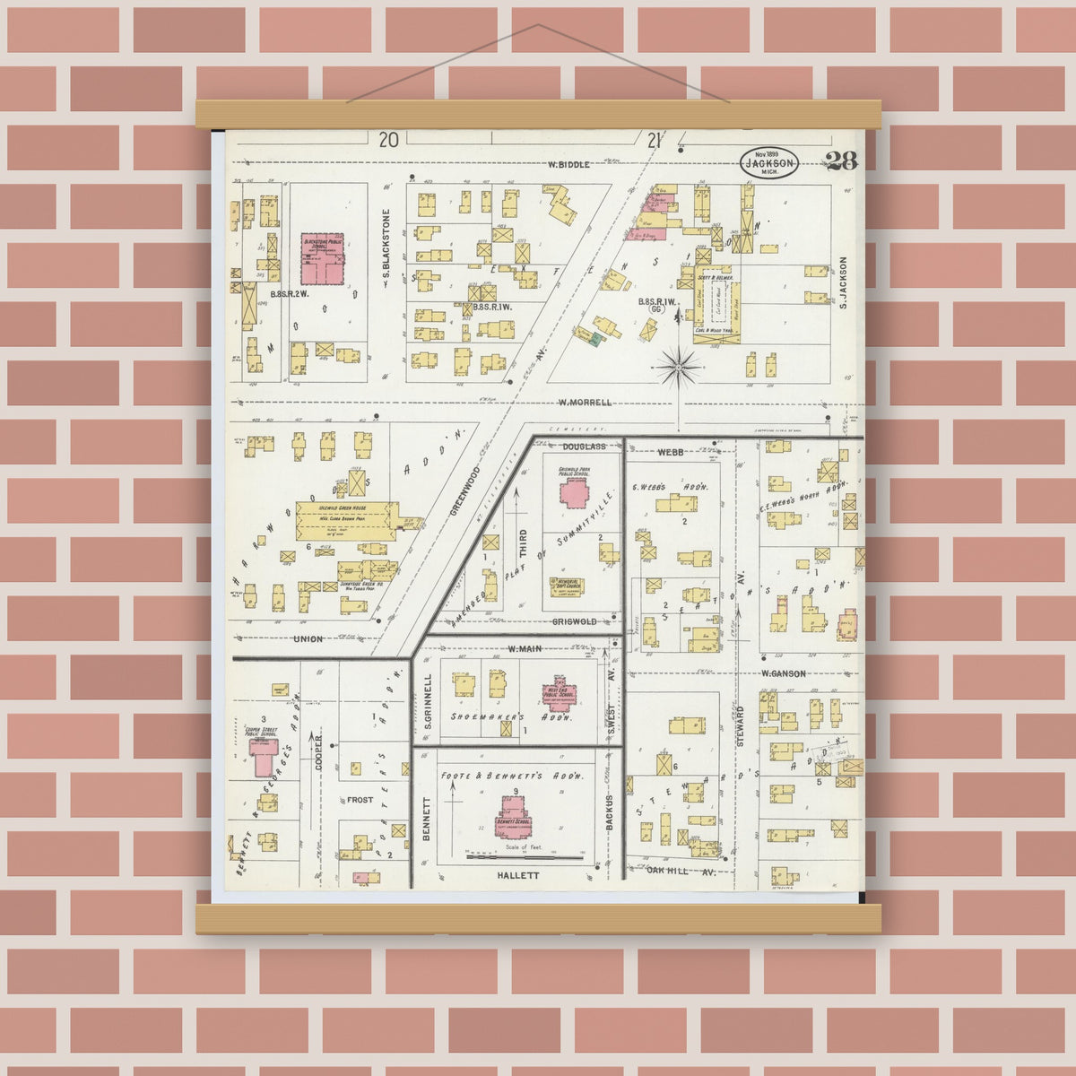 Old map wall art mockup — magnetic wood frame on brick wall — Sanborn Fire Insurance Map from Jackson, Jackson County, Michigan (1899), Sheet #0028