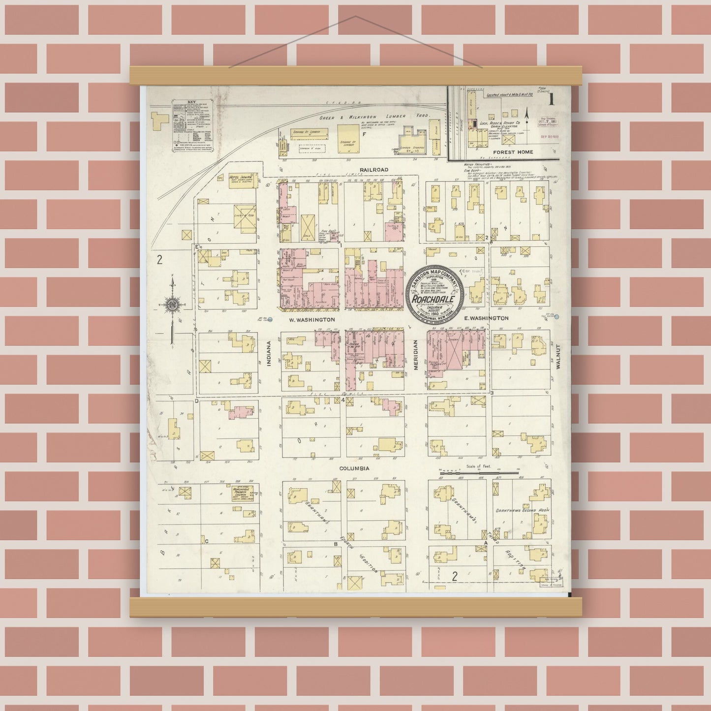 Old map wall art mockup — magnetic wood frame on brick wall — Sanborn Fire Insurance Map from Roachdale, Putnam County, Indiana (1910) - Complete Map Set