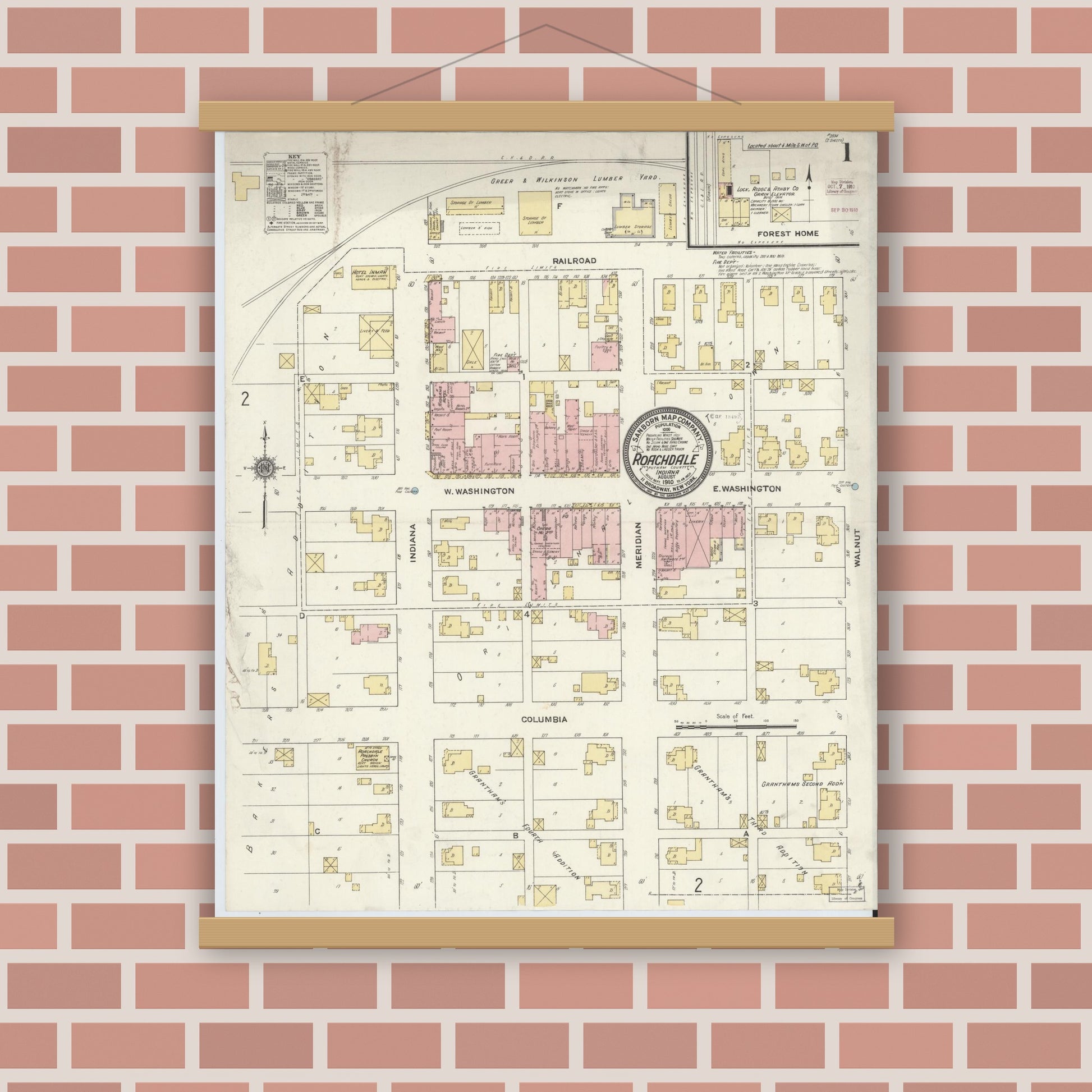 Old map wall art mockup — magnetic wood frame on brick wall — Sanborn Fire Insurance Map from Roachdale, Putnam County, Indiana (1910) - Complete Map Set