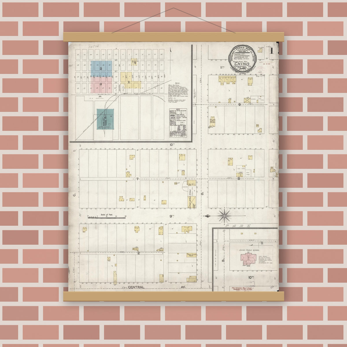 Old map wall art mockup — magnetic wood frame on brick wall — Sanborn Fire Insurance Map from Chino, San Bernardino County, California (1895), Sheet #0001