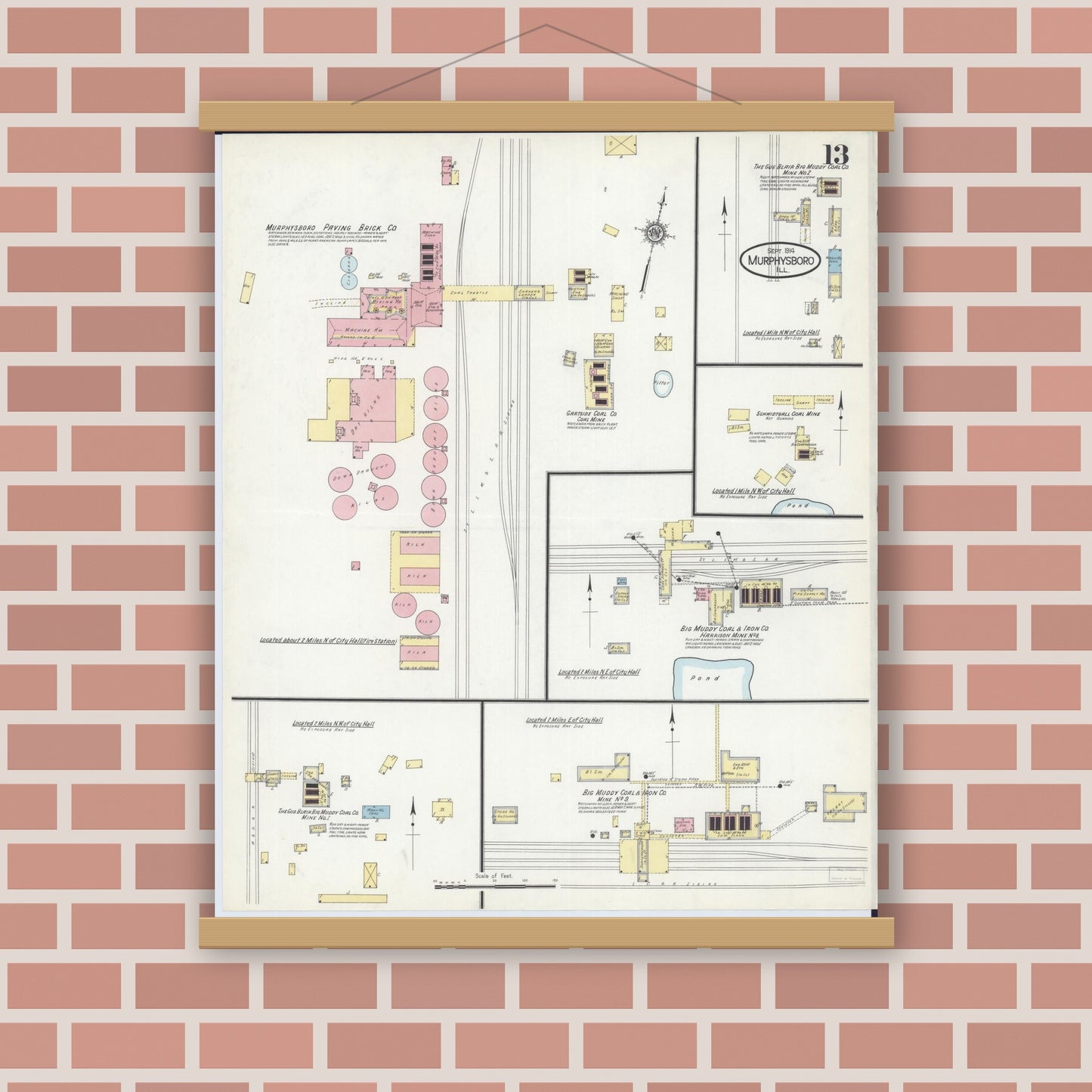 Old map wall art mockup — magnetic wood frame on brick wall — Sanborn Fire Insurance Map from Murphysboro, Jackson County, Illinois (1914), Sheet #0013