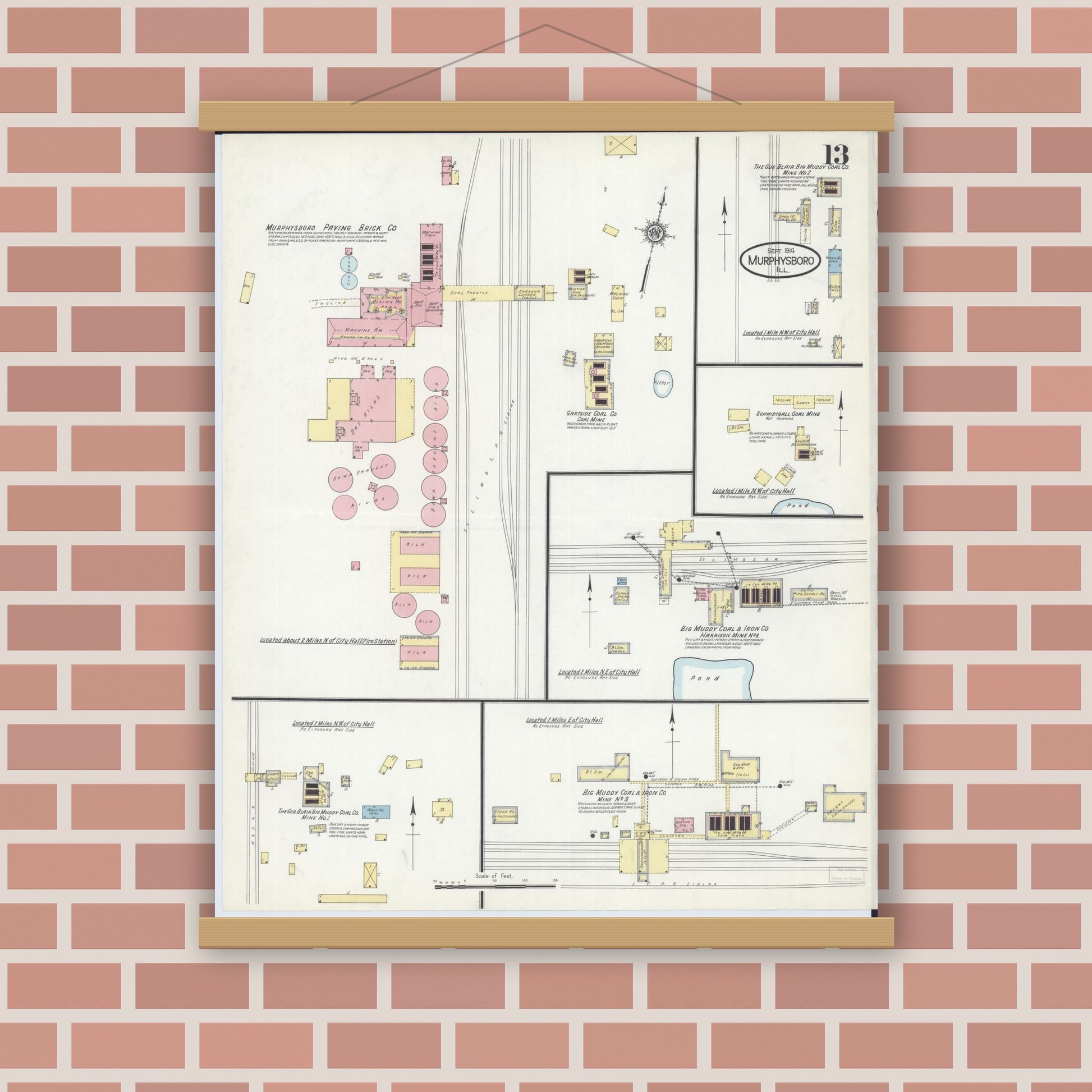 Old map wall art mockup — magnetic wood frame on brick wall — Sanborn Fire Insurance Map from Murphysboro, Jackson County, Illinois (1914), Sheet #0013