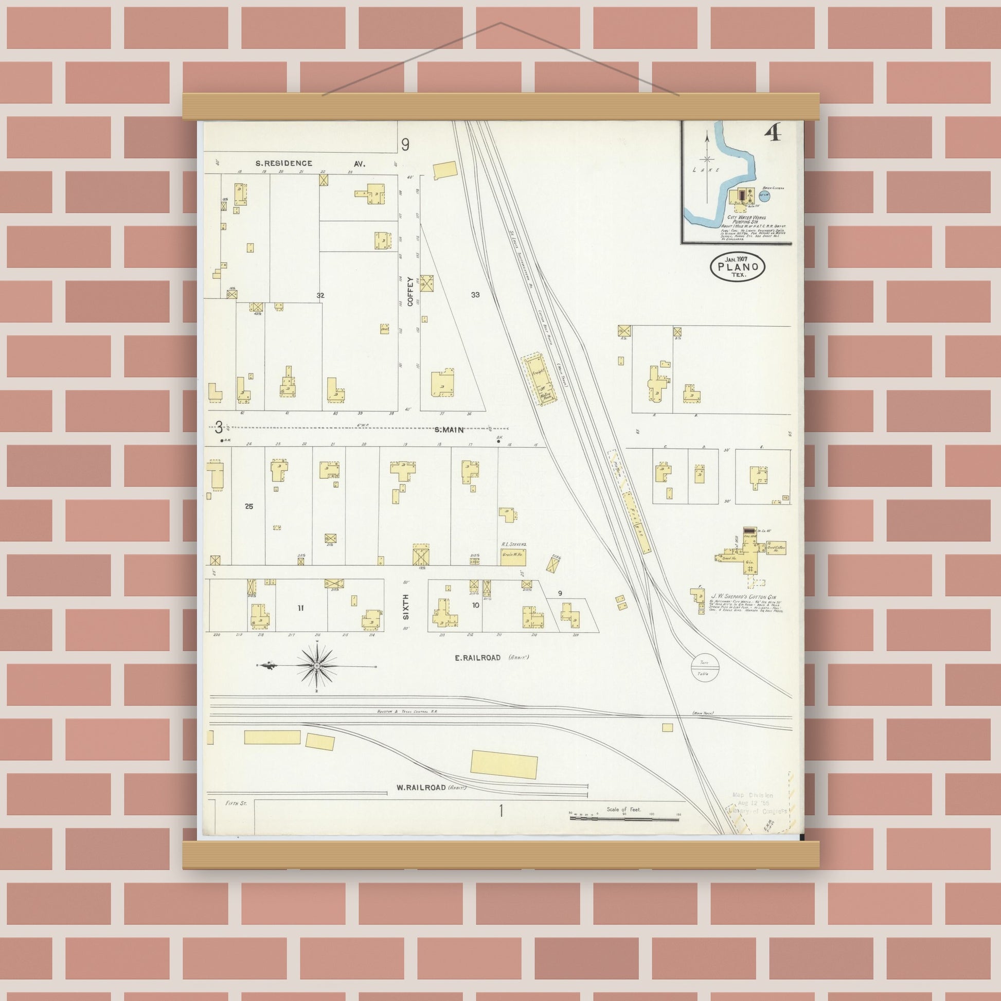 Old map wall art mockup — magnetic wood frame on brick wall — Sanborn Fire Insurance Map from Plano, Collin County, Texas (1907), Sheet #0004