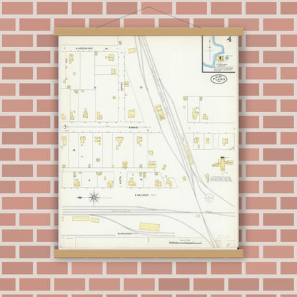 Old map wall art mockup — magnetic wood frame on brick wall — Sanborn Fire Insurance Map from Plano, Collin County, Texas (1907), Sheet #0004