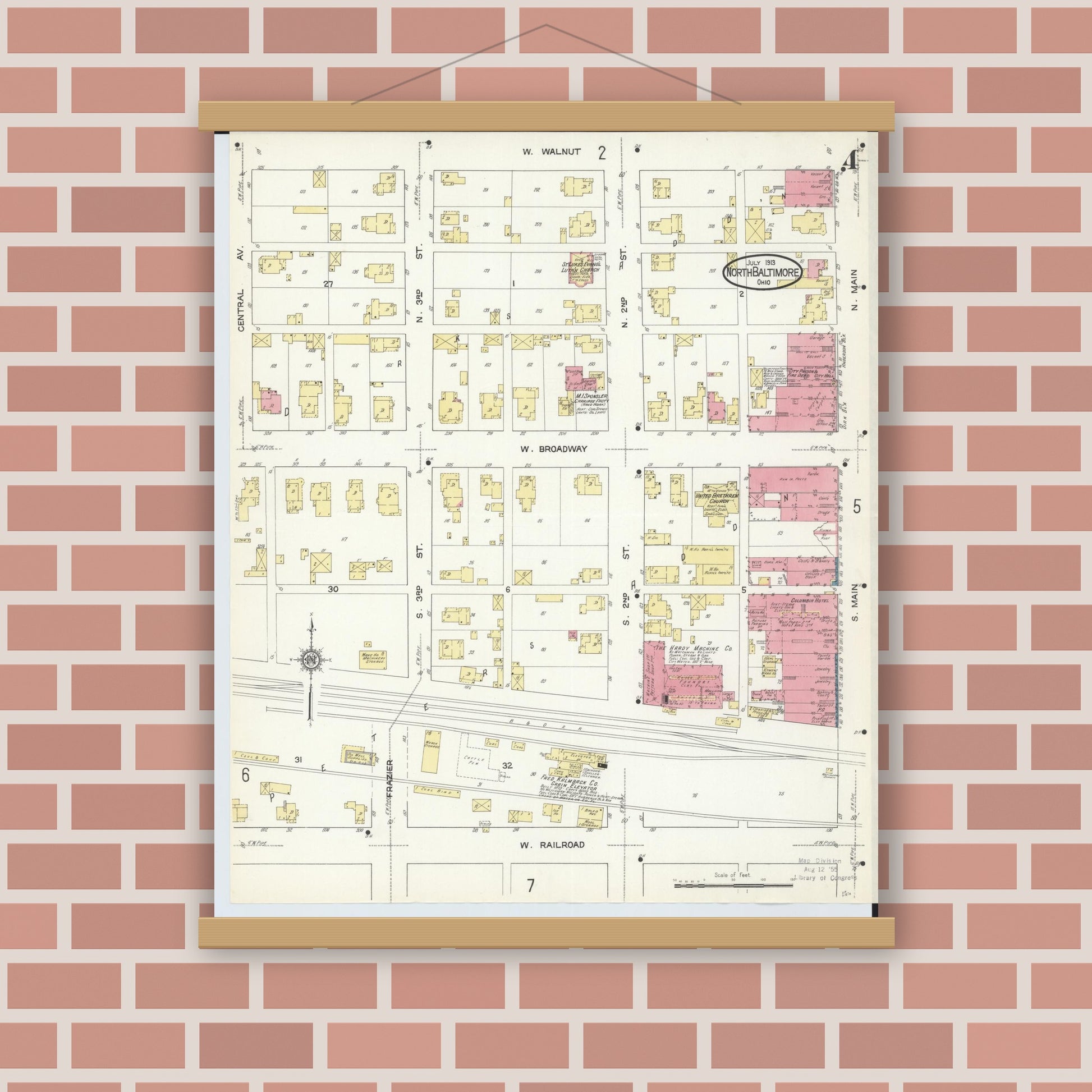Old map wall art mockup — magnetic wood frame on brick wall — Sanborn Fire Insurance Map from North Baltimore, Wood County, Ohio (1913), Sheet #0004