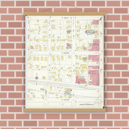 Old map wall art mockup — magnetic wood frame on brick wall — Sanborn Fire Insurance Map from North Baltimore, Wood County, Ohio (1913), Sheet #0004