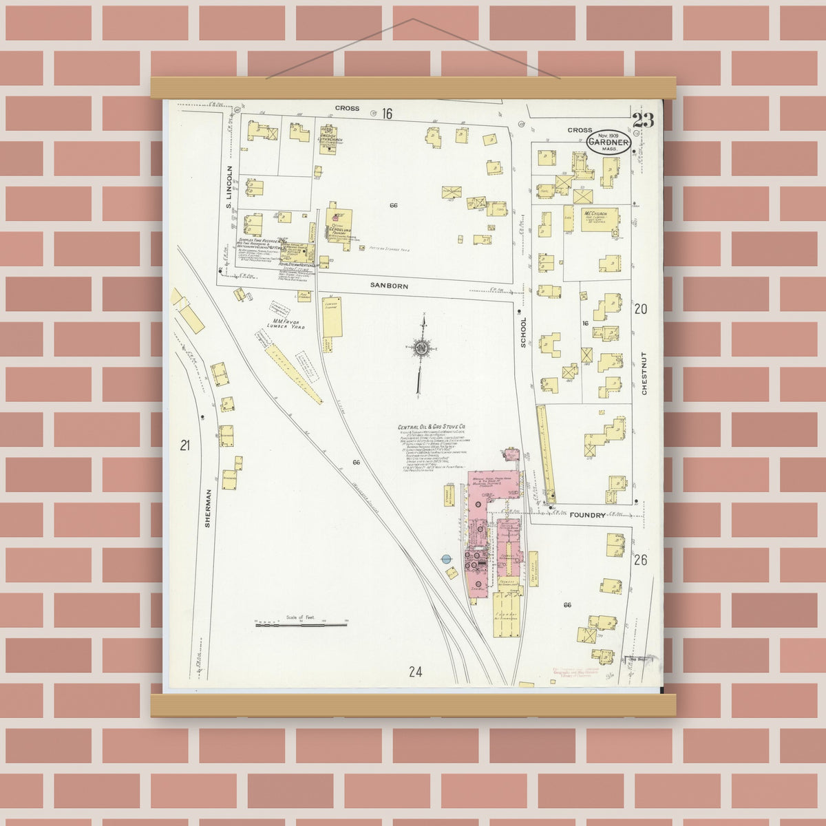 Old map wall art mockup — magnetic wood frame on brick wall — Sanborn Fire Insurance Map from Gardner, Worcester County, Massachusetts (1909), Sheet #0023