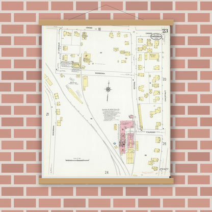 Old map wall art mockup — magnetic wood frame on brick wall — Sanborn Fire Insurance Map from Gardner, Worcester County, Massachusetts (1909), Sheet #0023