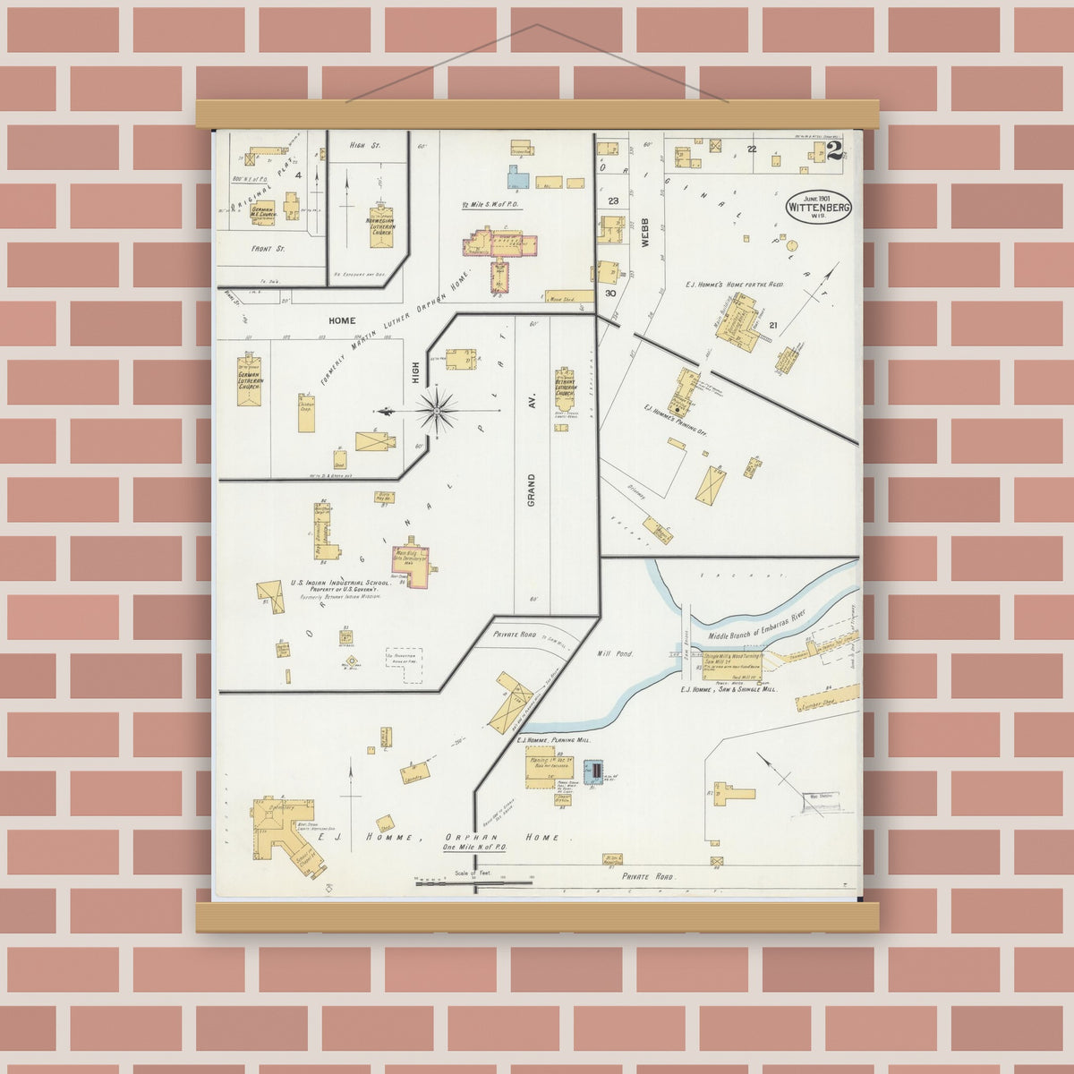Old map wall art mockup — magnetic wood frame on brick wall — Sanborn Fire Insurance Map from Wittenberg, Shawano County, Wisconsin (1901), Sheet #0002