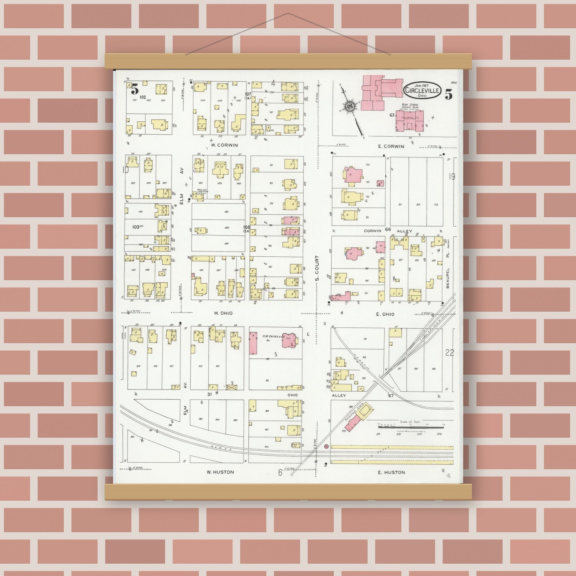 Old map wall art mockup — magnetic wood frame on brick wall — Sanborn Fire Insurance Map from Circleville, Pickaway County, Ohio (1927), Sheet #0005