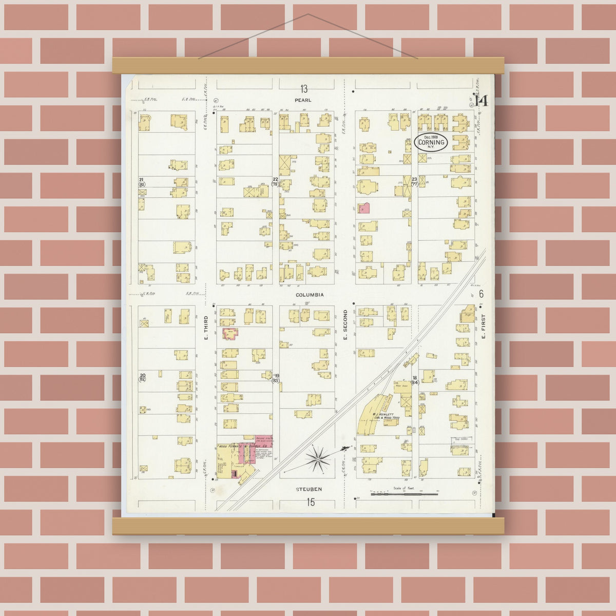 Old map wall art mockup — magnetic wood frame on brick wall — Sanborn Fire Insurance Map from Corning, Steuben County, New York (1908), Sheet #0014