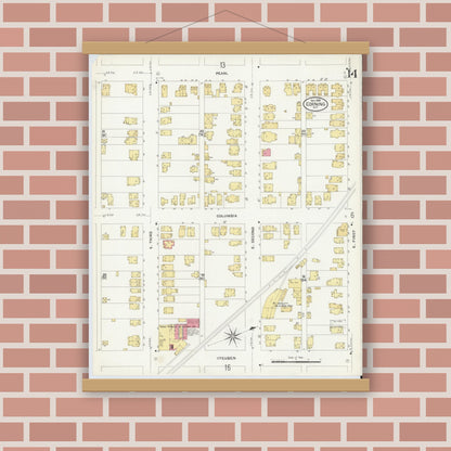 Old map wall art mockup — magnetic wood frame on brick wall — Sanborn Fire Insurance Map from Corning, Steuben County, New York (1908), Sheet #0014