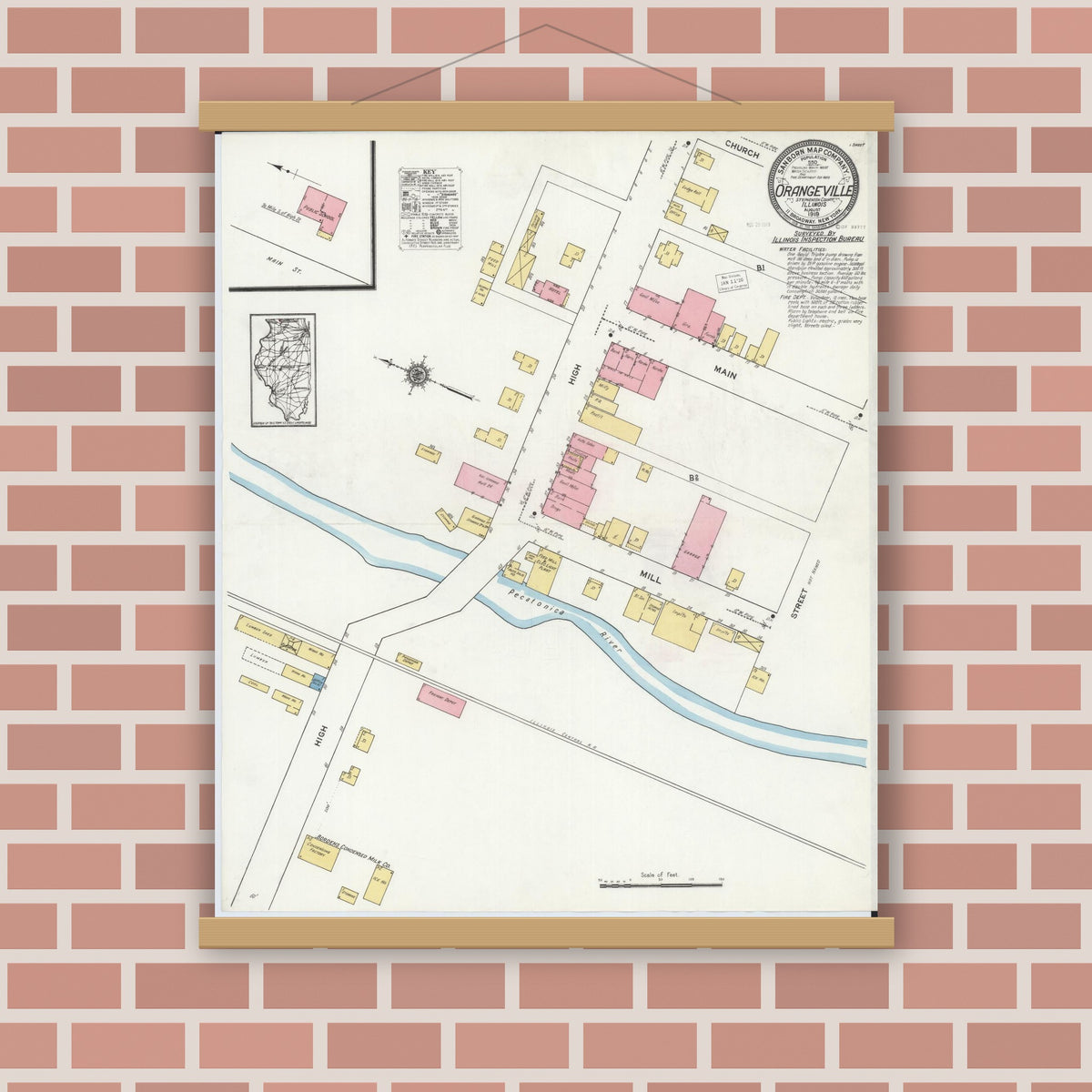 Old map wall art mockup — magnetic wood frame on brick wall — Sanborn Fire Insurance Map from Orangeville, Stephenson County, Illinois (1919), Sheet #0001