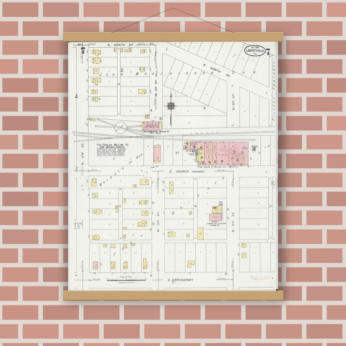 Old map wall art mockup — magnetic wood frame on brick wall — Sanborn Fire Insurance Map from Libertyville, Lake County, Illinois (1924), Sheet #0007