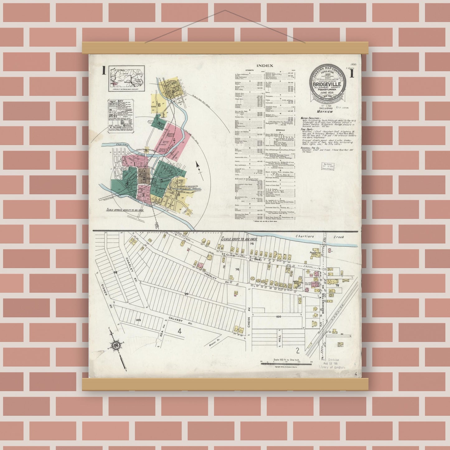 Old map wall art mockup — magnetic wood frame on brick wall — Sanborn Fire Insurance Map from Bridgeville, Allegheny County, Pennsylvania (1924) - Complete Map Set