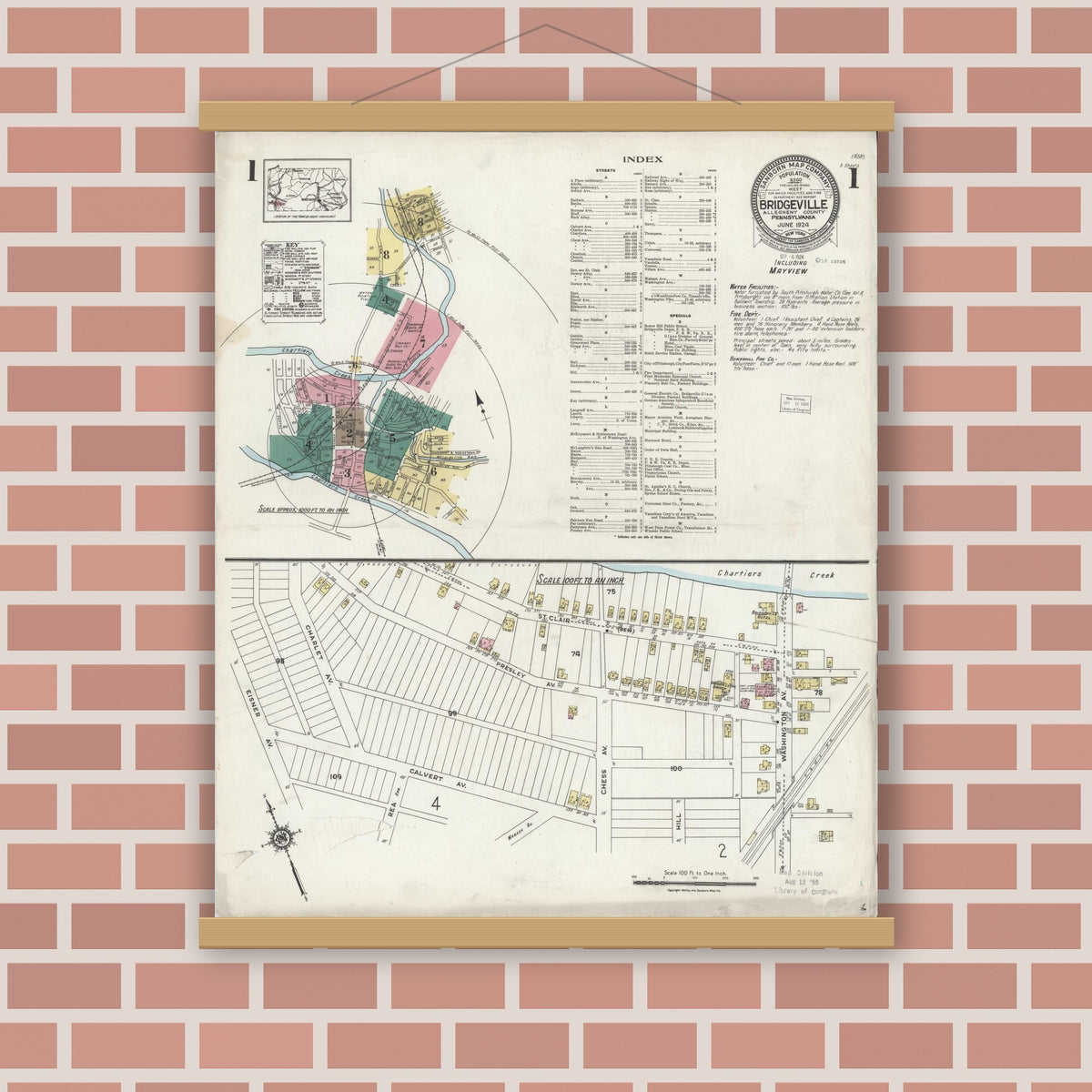 Old map wall art mockup — magnetic wood frame on brick wall — Sanborn Fire Insurance Map from Bridgeville, Allegheny County, Pennsylvania (1924) - Complete Map Set