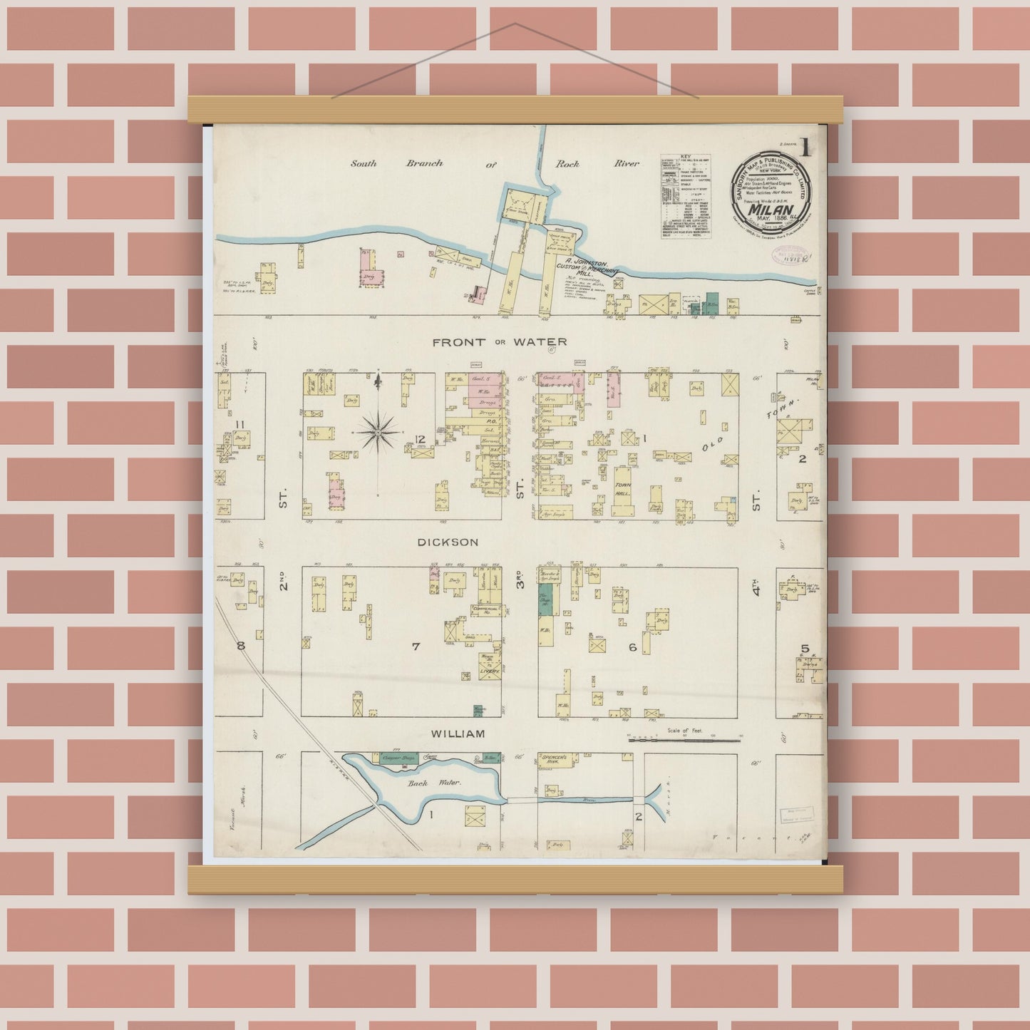 Old map wall art mockup — magnetic wood frame on brick wall — Sanborn Fire Insurance Map from Milan, Rock Island County, Illinois (1886) - Complete Map Set