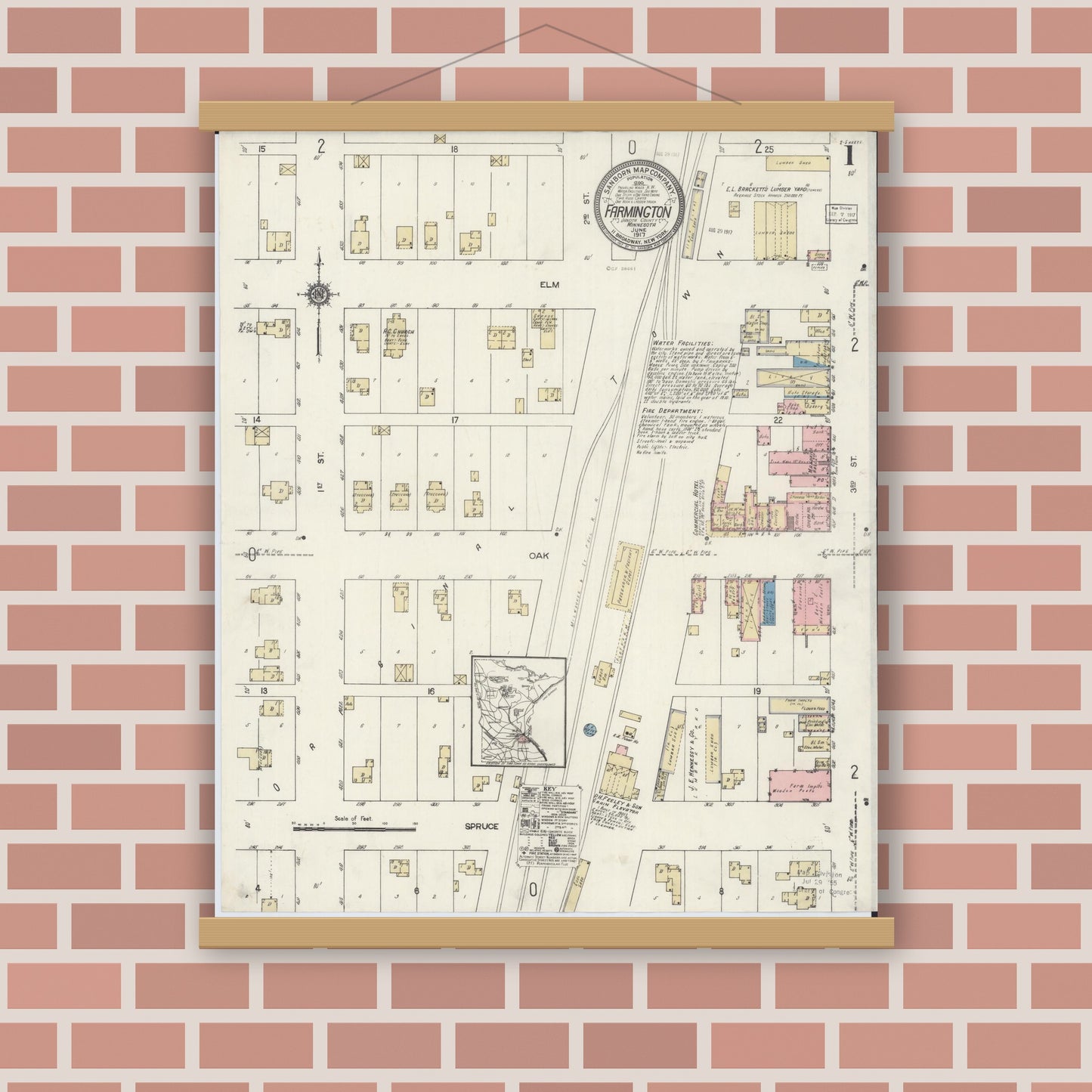 Old map wall art mockup — magnetic wood frame on brick wall — Sanborn Fire Insurance Map from Farmington, Dakota County, Minnesota (1917) - Complete Map Set
