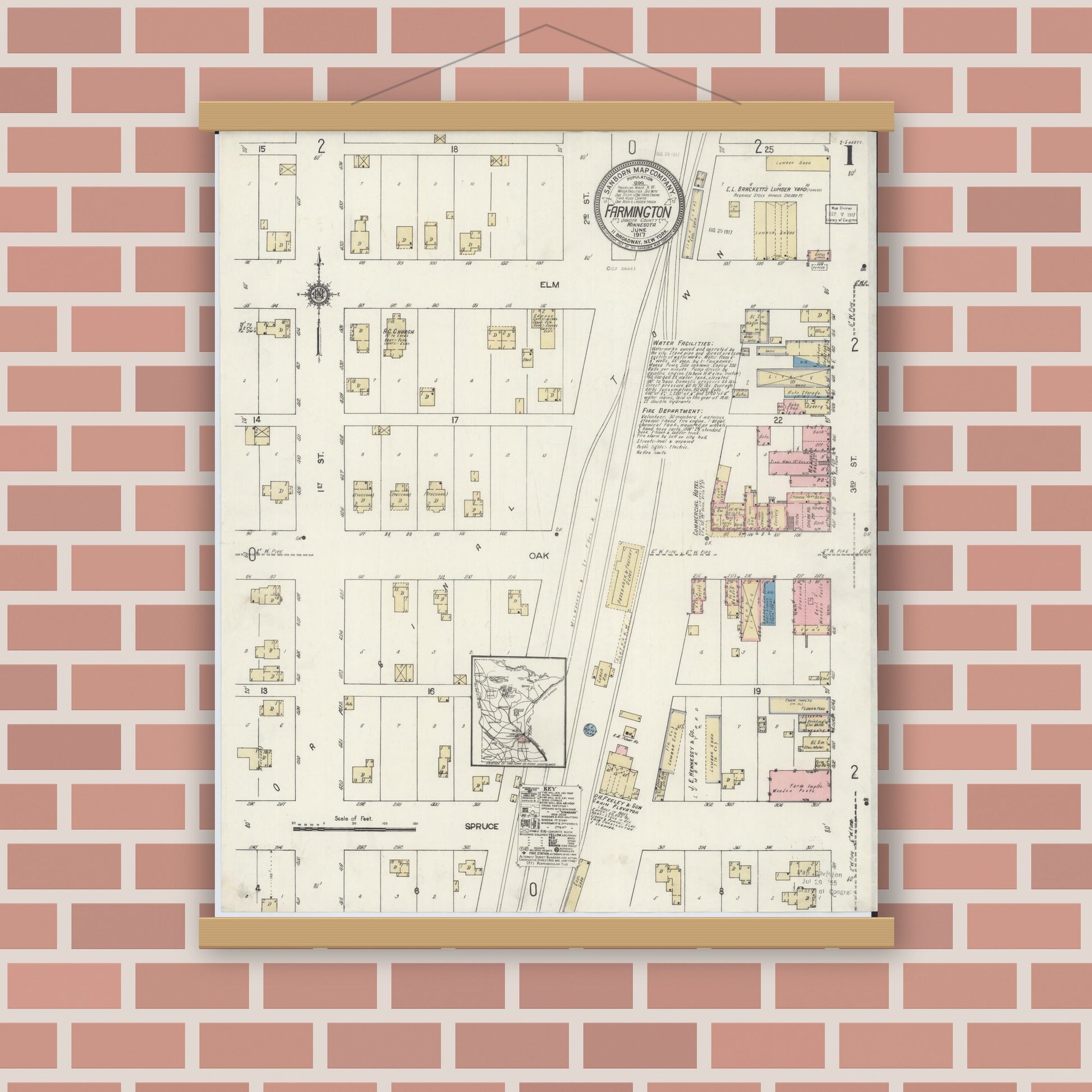 Old map wall art mockup — magnetic wood frame on brick wall — Sanborn Fire Insurance Map from Farmington, Dakota County, Minnesota (1917) - Complete Map Set