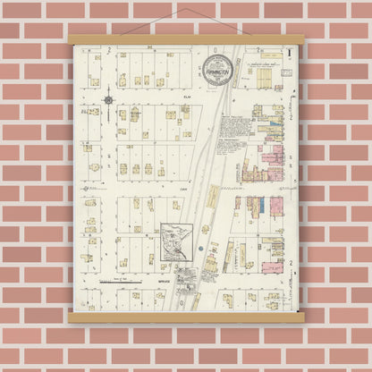 Old map wall art mockup — magnetic wood frame on brick wall — Sanborn Fire Insurance Map from Farmington, Dakota County, Minnesota (1917) - Complete Map Set