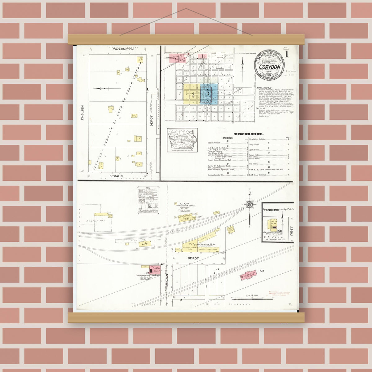 Old map wall art mockup — magnetic wood frame on brick wall — Sanborn Fire Insurance Map from Corydon, Wayne County, Iowa (1913) â€” Complete Set