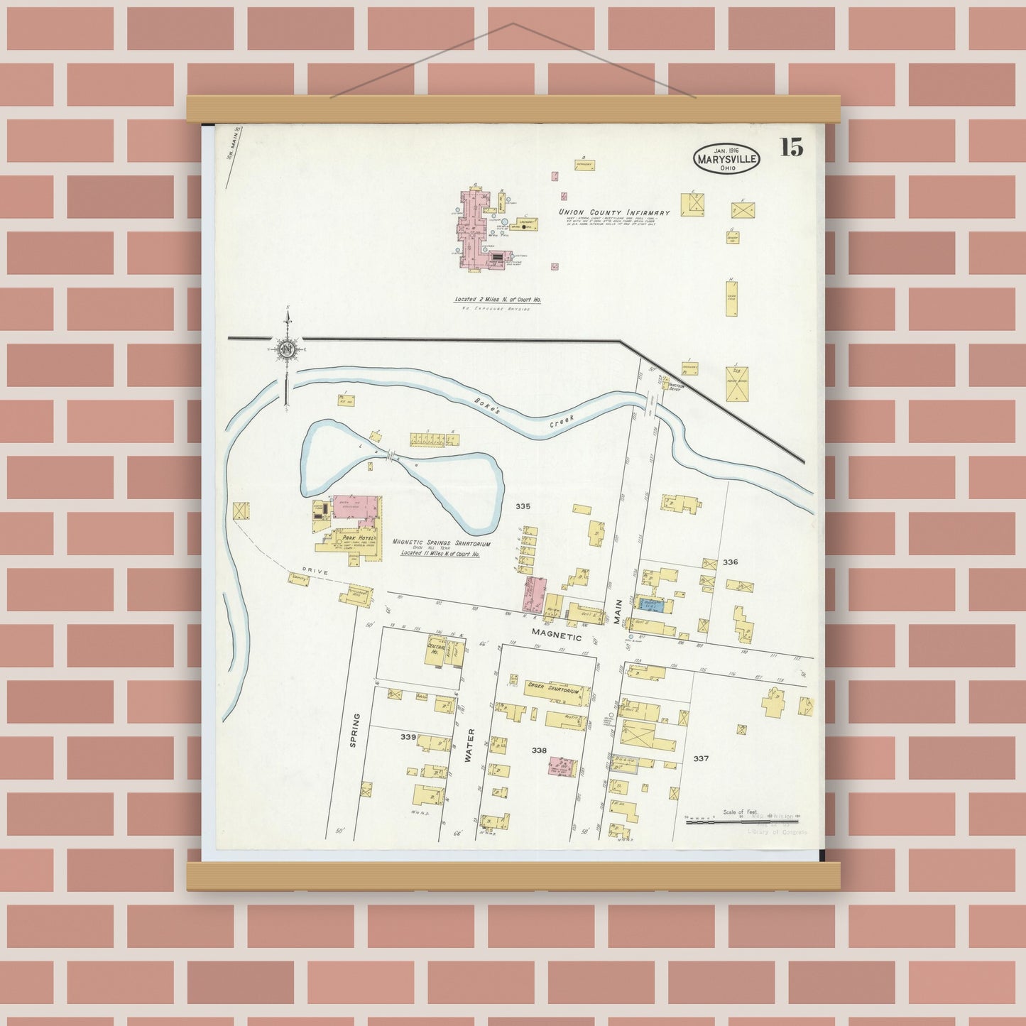 Old map wall art mockup — magnetic wood frame on brick wall — Sanborn Fire Insurance Map from Marysville, Union County, Ohio (1916), Sheet #0015