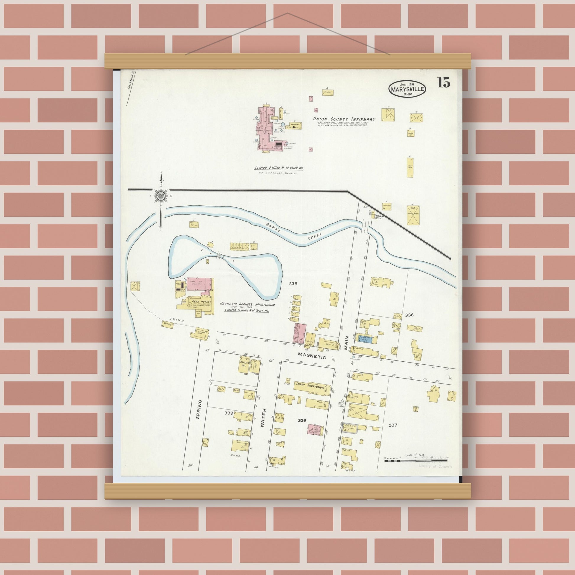 Old map wall art mockup — magnetic wood frame on brick wall — Sanborn Fire Insurance Map from Marysville, Union County, Ohio (1916), Sheet #0015
