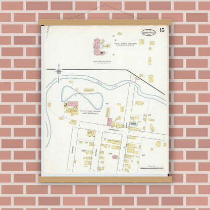 Old map wall art mockup — magnetic wood frame on brick wall — Sanborn Fire Insurance Map from Marysville, Union County, Ohio (1916), Sheet #0015