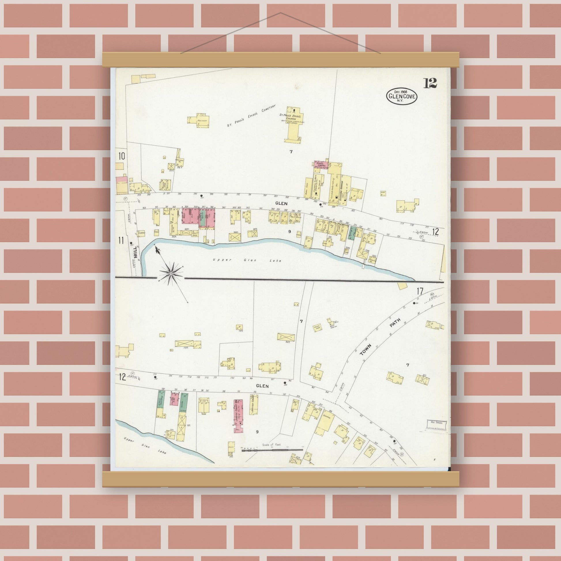 Old map wall art mockup — magnetic wood frame on brick wall — Sanborn Fire Insurance Map from Glen Cove, Nassau County, New York (1908), Sheet #0012