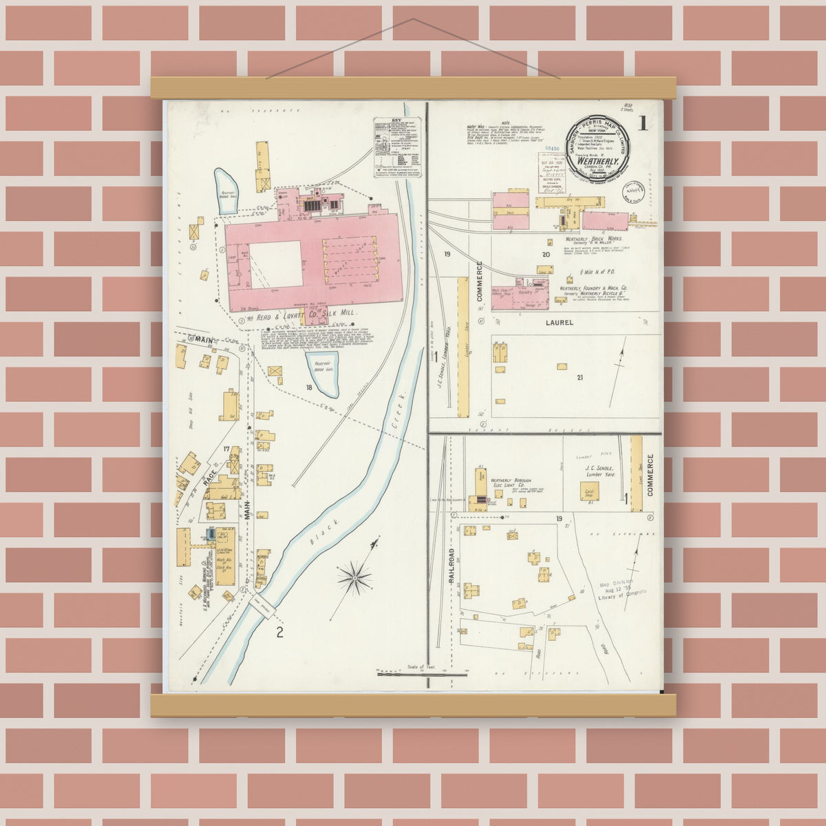 Old map wall art mockup — magnetic wood frame on brick wall — Sanborn Fire Insurance Map from Weatherly, Carbon County, Pennsylvania (1900) - Complete Map Set