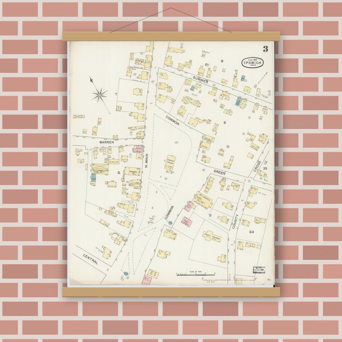 Old map wall art mockup — magnetic wood frame on brick wall — Sanborn Fire Insurance Map from Ipswich, Essex County, Massachusetts (1892), Sheet #0003