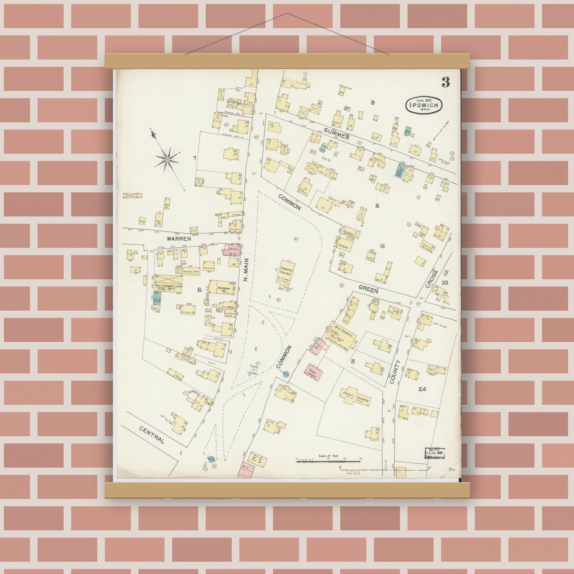 Old map wall art mockup — magnetic wood frame on brick wall — Sanborn Fire Insurance Map from Ipswich, Essex County, Massachusetts (1892), Sheet #0003