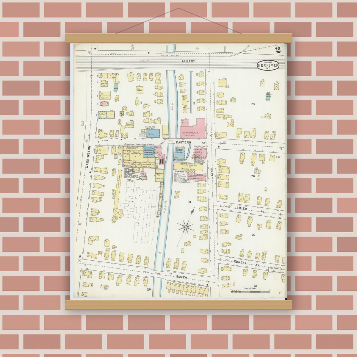 Old map wall art mockup — magnetic wood frame on brick wall — Sanborn Fire Insurance Map from Herkimer, Herkimer County, New York (1895), Sheet #0002