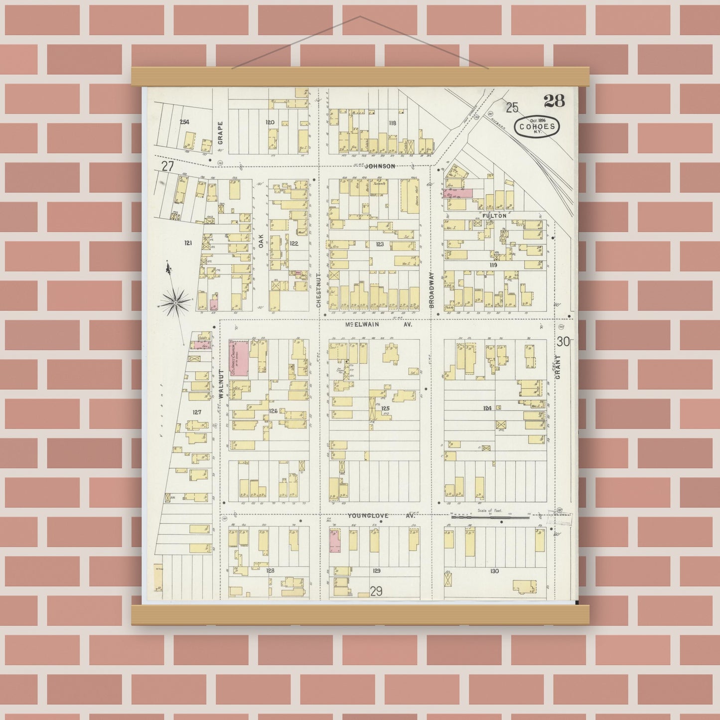 Old map wall art mockup — magnetic wood frame on brick wall — Sanborn Fire Insurance Map from Cohoes, Albany County, New York (1896), Sheet #0028