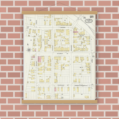 Old map wall art mockup — magnetic wood frame on brick wall — Sanborn Fire Insurance Map from Cohoes, Albany County, New York (1896), Sheet #0028