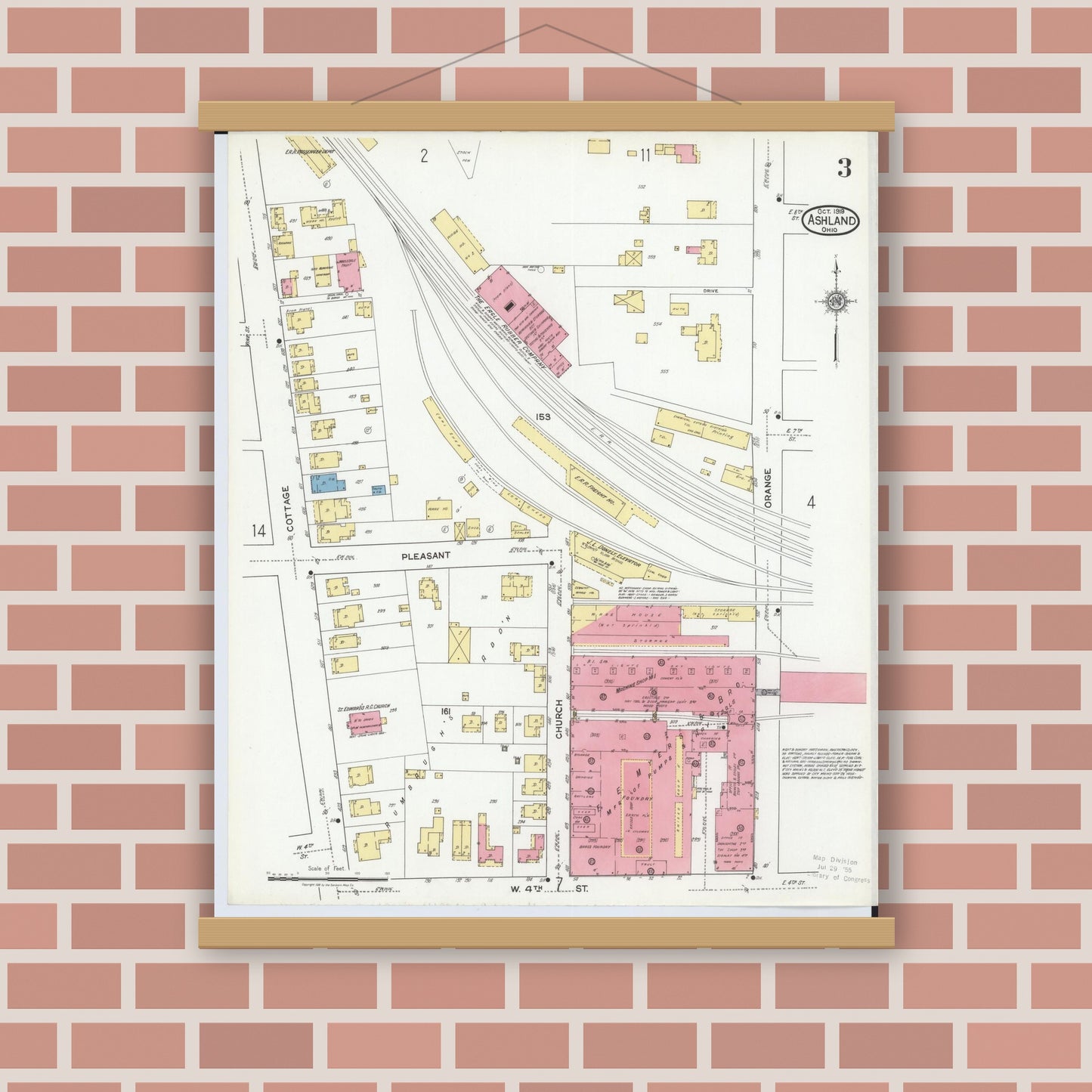Old map wall art mockup — magnetic wood frame on brick wall — Sanborn Fire Insurance Map from Ashland, Ashland County, Ohio (1919), Sheet #0003