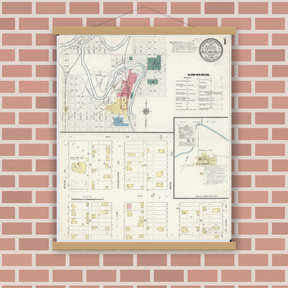 Old map wall art mockup — magnetic wood frame on brick wall — Sanborn Fire Insurance Map from Red Lake Falls, Red Lake County, Minnesota (1909) - Complete Map Set