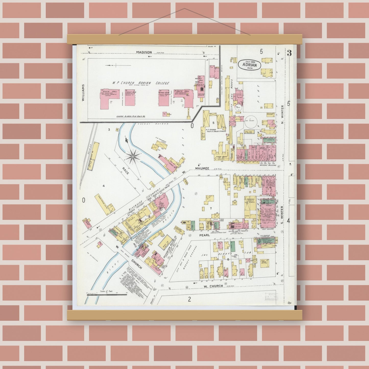 Old map wall art mockup — magnetic wood frame on brick wall — Sanborn Fire Insurance Map from Adrian, Lenawee County, Michigan (1899), Sheet #0003
